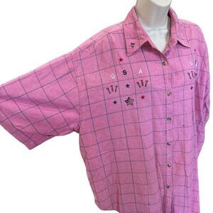 Vtg CST Blues Women’s 22 USA Fireworks Embroidered Short Sleeve Button‎ Down
